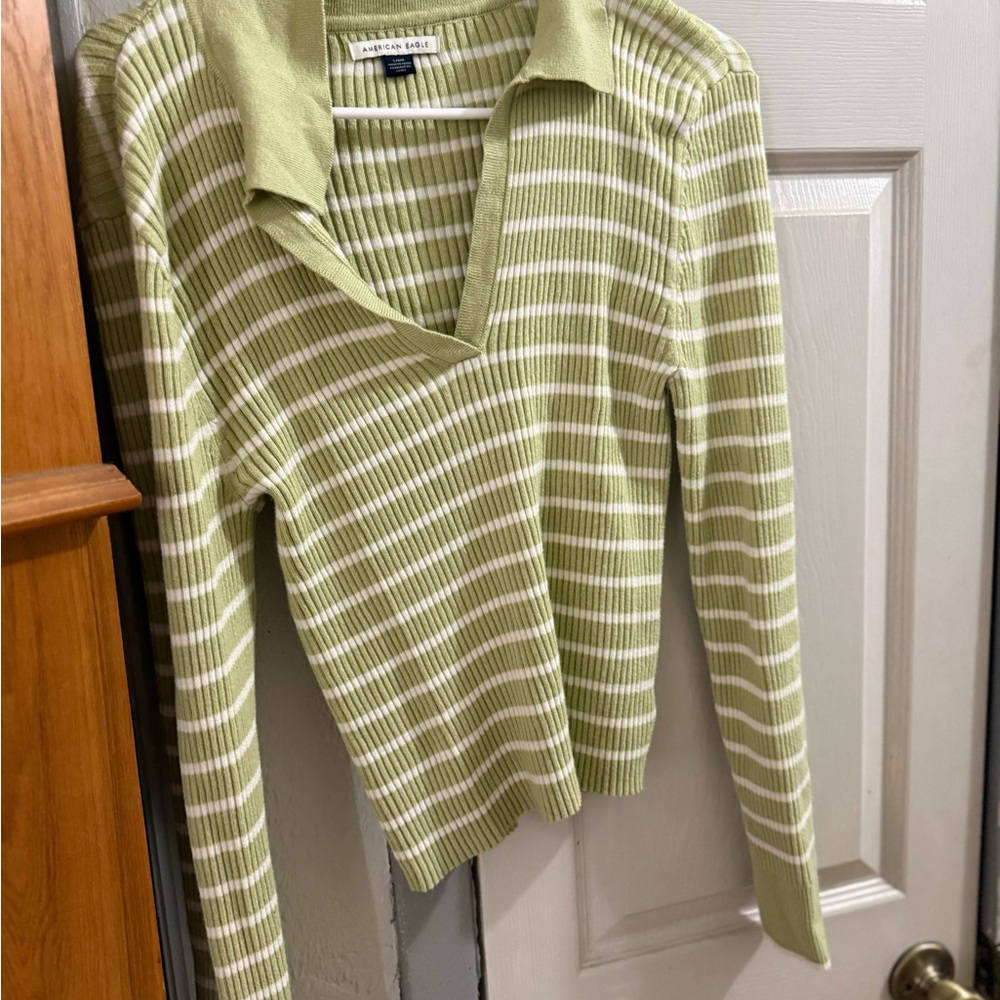 American Eagle Outfitters Green and White Striped Sweater